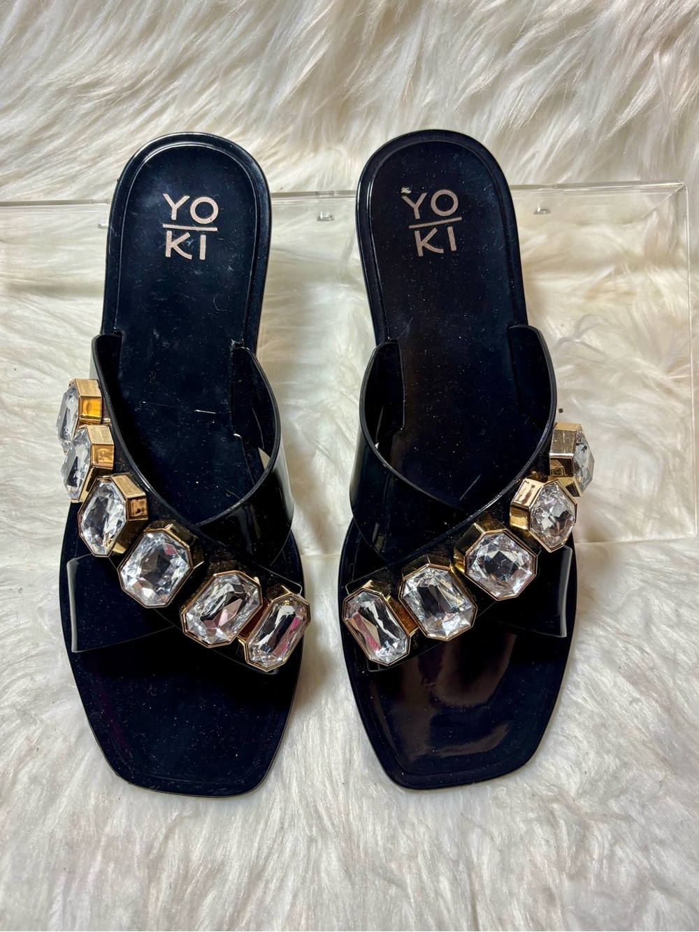 Yoki Black Gem-Embellished Jelly Slip-On Sandals